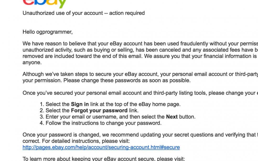 E-Bay Hacked – Unauthorized use of your account — action required